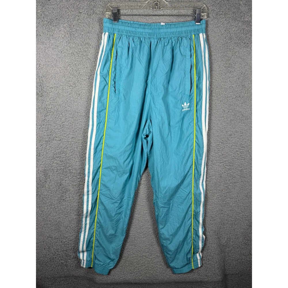 Adidas Originals Women Teal Blue 3-Stripe Track Pants Neon Yellow Piping Medium